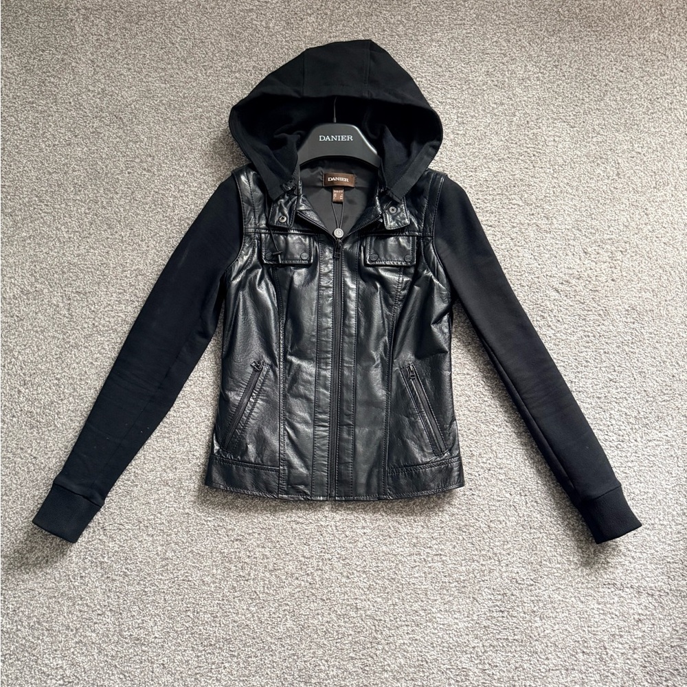 Danier Black Leather Jacket with Hood